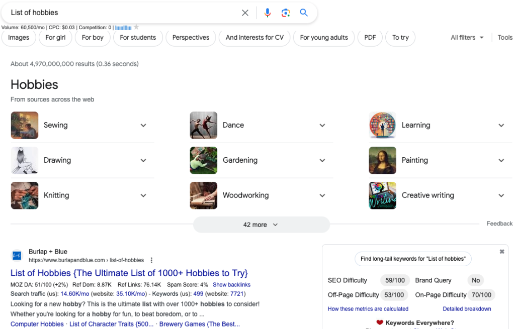 发现信息列表上的机会 1 List of hobbies