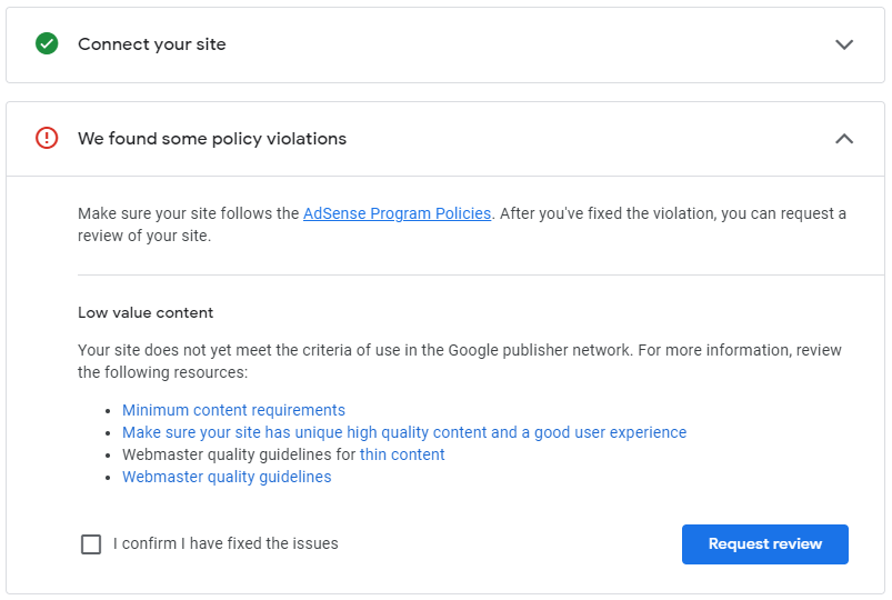 申请 Adsense 总是因为“低质量内容”被拒绝 1 Low value conten