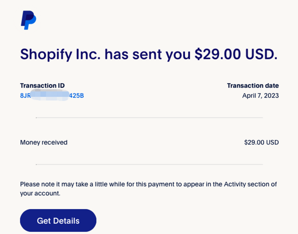 Shopify 今天又给我打钱了 1 PayPal Notification